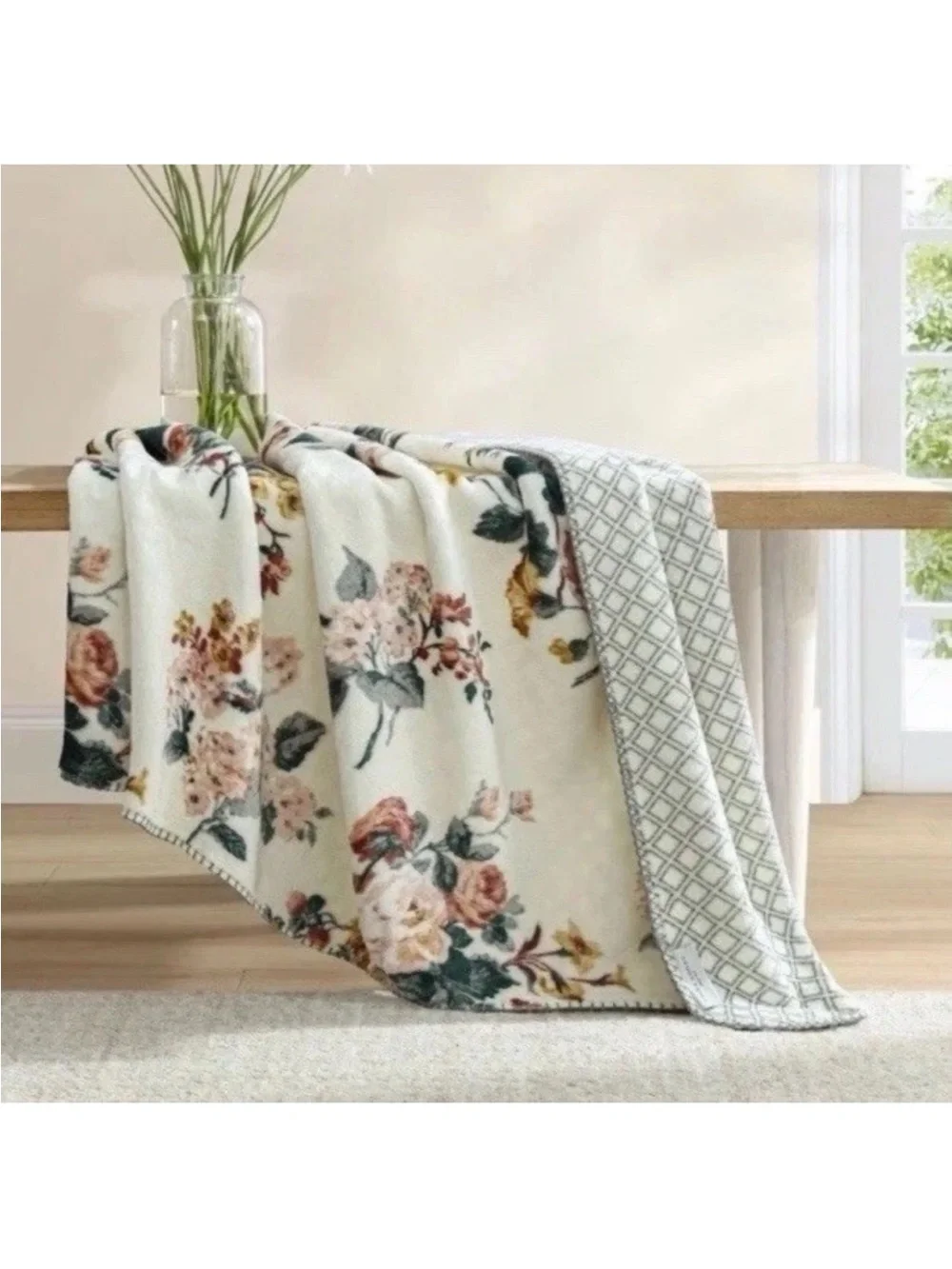 Laura Ashley ~ Rosemore Tan Floral Reversible Coco Flannel Throw Blanket 50 X 70